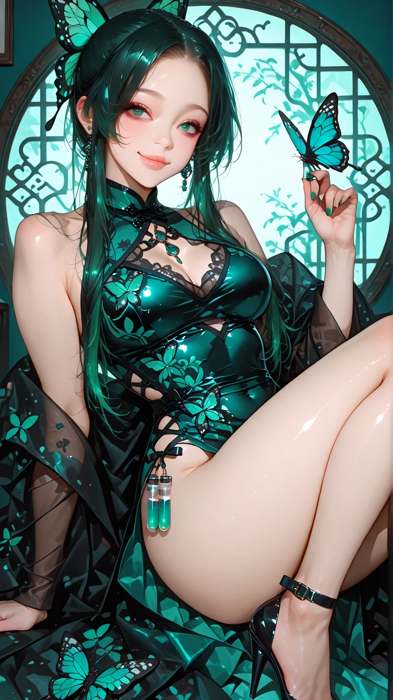 loose outfit、Show shoulders、Dark Color String Dress、How to wear a black kimono、Decorated with intricate patterns and bright colors、Transparent material that makes the skin shine、Artistic depiction of seductive woman in kimono with wet thin cloth and transparent skin, Floral and fantastic pattern with flowing silky traditional see-through skin。Her dress draped elegantly around her curvaceous figure、Emphasizes her charming silhouette。She's a gentle fireworks night、Dynamic Posing、Sexy Posing、bathed in the soft glow of moonlight。The scene is、With a hint of mystery and sensuality、It exudes an ethereal dreamy atmosphere。The image style is、Incorporates a blend of watercolor and digital illustration techniques.、It makes you feel delicate beauty and charm。Soft moonlit lighting、Cast gentle highlights and shadows on her mesmerizing features。Dynamic Posing、Bold poses、The hand is somewhere、see -through、show through、A sexy、Wet hair、Wet、（cherry trees、flower petals、cherryblossom、The cherry tree、Sakura Snowstorm 1.5）、buried、Transparent skin、Wet clothes、（Chest 1.2）、Navel Ejection、Swaying in the wind、Burgundy、pale red、（Slouch 1.5）、Lace colors、lace choker、a choker、Lie on your back on the surface of the water、New lining、garterbelts、fishnet tights、knee high socks、Blue and green gradient hair color、Blue eyes、