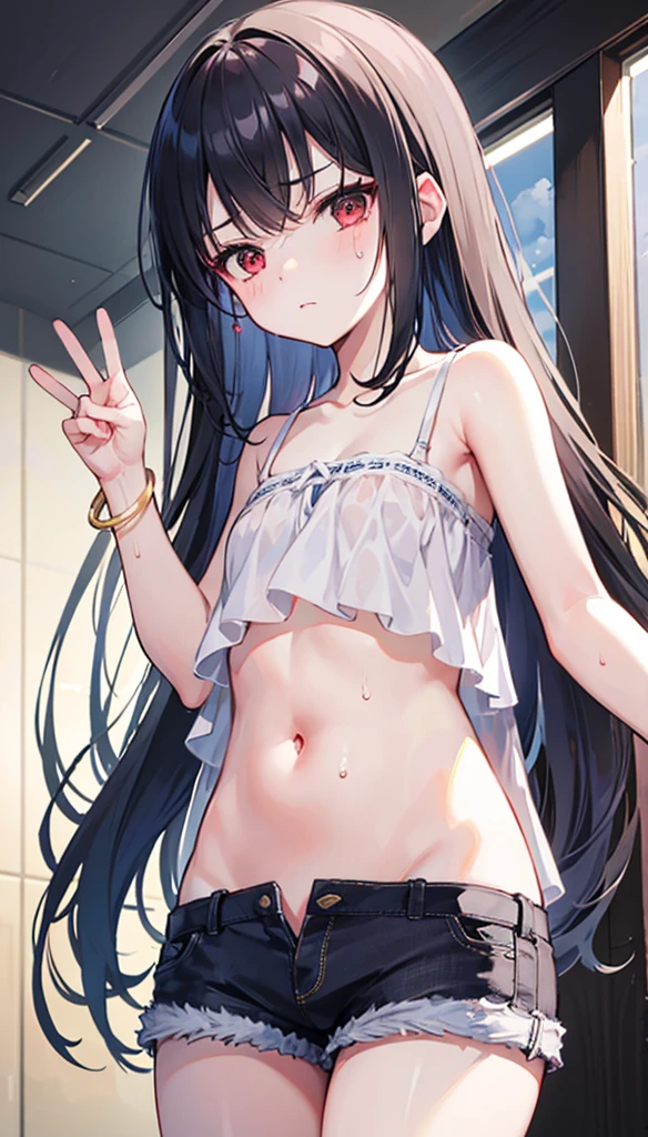 Black hair, orange eyes, large breasts, sexy, beautiful body,  masterpiece,  blue lingerie, blue underwear, blue bra, smile, bedroom 