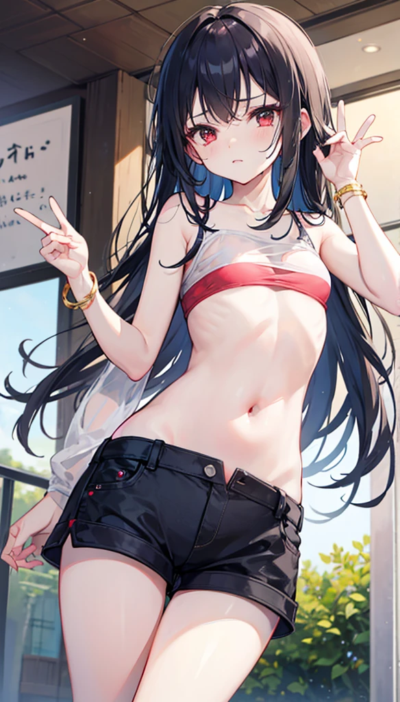 (masterpiece), Highest quality, One girl, 8-year-old, Cute girl, Brat, Flat Chest, Black Hair, Very long hair,
She's not wearing any clothes, She is topless, Not wearing a bra, Her nipples are hidden by frills, The frills are made of lace, Her breasts are visible under the frills, Expose your shoulders, Expose the clavicle, Both hands behind the body, Postures that emphasize the chest, She is shy,
She is naked and only wearing denim micro shorts, She doesn't wear a skirt, The belly button is visible, Expose your hips, The strings of her panties around her waist are not visible., The shorts are extremely low cut, The shorts are extremely low rise, Extremely short shorts that show off your V-line, Micro Short Shorts, Denim shorts unbuttoned, She unzips her denim shorts, She has her denim shorts open, purposely exposing her crotch., She has her denim shorts down, She has taken off her shorts so her crotch is visible., I can see the pussy,
White thigh-high socks,
Walking around town, View your viewers, Standing in a crowd, Facing forward,
