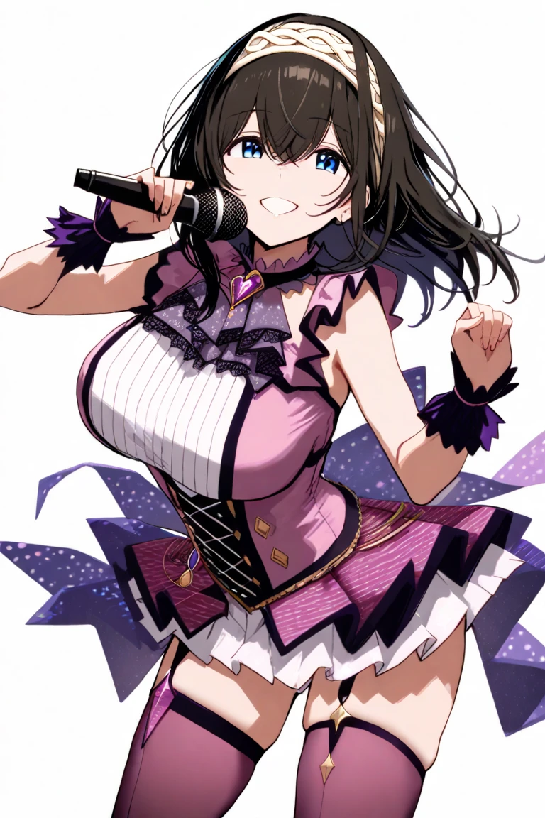 (best quality), (very aesthetic), (ultra-detailed), (best (best quality), (very aesthetic), (ultra-detailed), (best illustration),
(((one women))),(((black hair))),(((long hair))),(((high ponytail))),(((forehead))),(((blue eyes))),(((beautiful face))),(((huge breasts:1.8))),
BREAK,(((magical girl purple outfit,frill mini skirt:1.3)))
BREAK,(((seductive smile))),
BREAK,(((model posing))),(arm,behind back),
BREAK,(((On the stage at a music festival))),
BREAK, (((Diagonal angle)))