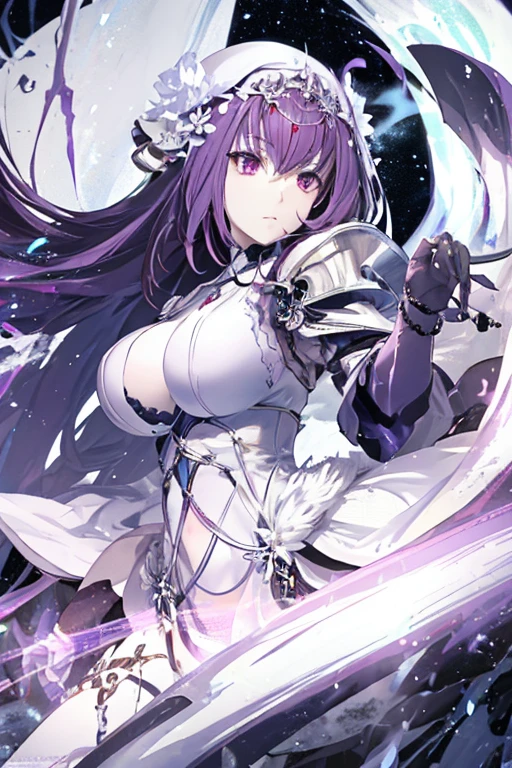 Highest quality, shape, Very detailed, In detail, High resolution, 8k wallpaper, Perfect dynamic composition, Beautiful details, Center of chest, Natural color lip, Random sexy poses,smile,20-year-old girl,Huge , A woman with long wavy purple hair wearing a white dress and blue apron。