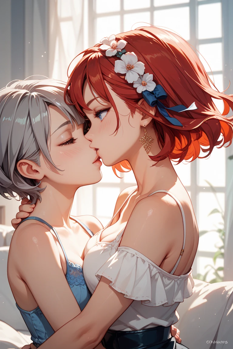 8k,Wide-angle lens,Attention to detail,screen,Cinematic Light,Shadows in the movie,(masterpiece,Highest quality:1.2),Two women are kissing,One has red hair and the other has silver hair..,close your eyes,Wearing only a lace camisole,Shorts,Ocean Background,Sexy feeling,(Sacred feelings:0.9),Depth of written boundary,Luminous particle effect,Background light