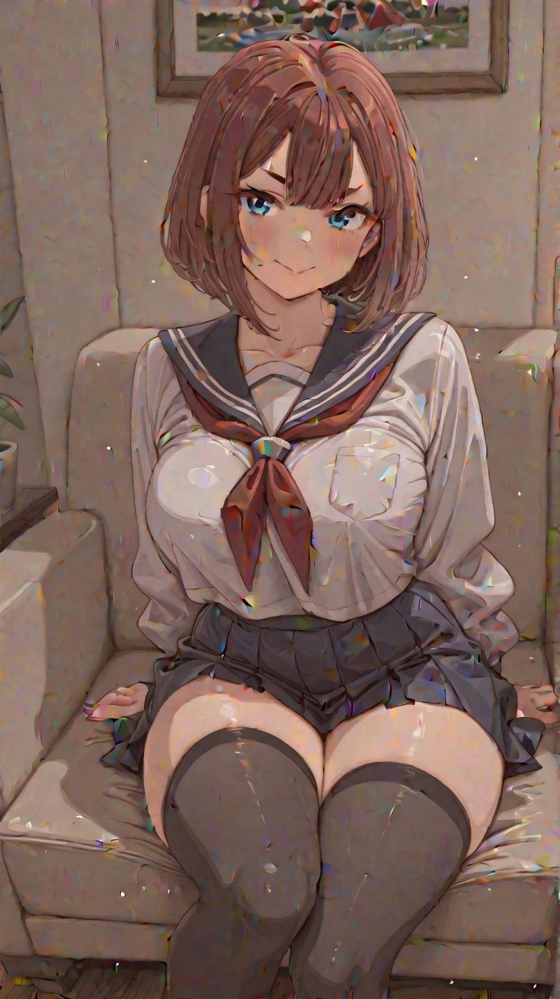 (Highly detailed CG、8k wallpaper)、(Very delicate and beautiful)、(masterpiece)、(Highest quality:1.0)、(超High resolution:1.0)、Beautiful lighting、Perfect Lightning、Realistic Shadows、[High resolution]、Detailed skin、Ultra-detailed、Detailed face and eyes、Realistic eyes、Sharp pupils、huge 、Cowboy Shot, In the classroom、School、sunset、Beautiful Face、Blurred Background、Beautiful 16 year old girl、Glowing Skin、Side Up、Beautiful black hair、Blunt bangs、Red Eye、(Headband:1.2)、Sailor suit、Pleated mini skirt、curve、Sitting at a desk、(Spread your legs、I can see her thin pants.:1.2)、A kind smile、