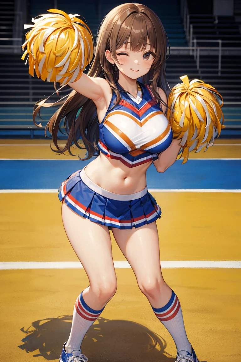 Highest quality, 8K, masterpiece :1.3)), whole body, Sharp focus :1.2, Beautiful woman with perfect figure :1.4, Slim Abs :1.2, ((Dark brown hair, Big Breasts :1.2)), whole bodyショット),(RAW shooting:1.2)、(realism:1.4)、(masterpiece:1.3)、(Highest quality:1.4)、The Beauty of Japan、Black Hair,Beautiful and eye-catching details、Beautiful eyelashes and double eyelids、eye shadow、Perfect Eye Makeup、alone、cute、(cute:1.2)、(A smile full of happiness:1.4)、Smiling Kindly、show excitement、(ponytail:1.2)、(From the bottom perspective:1.3)、(mini skirt)、くThin legs、(Perfect Body Beauty:1.3)、Shiny skin、(Cheerleading and other energetic poses:1.5)、Looking into the camera,Narrow waist、Thin legs、Big Breasts、Photorealistic、Age 25、Cleavage、Glamour、sexy、Thighs、長いponytail、Korean Idol、Big Boobs