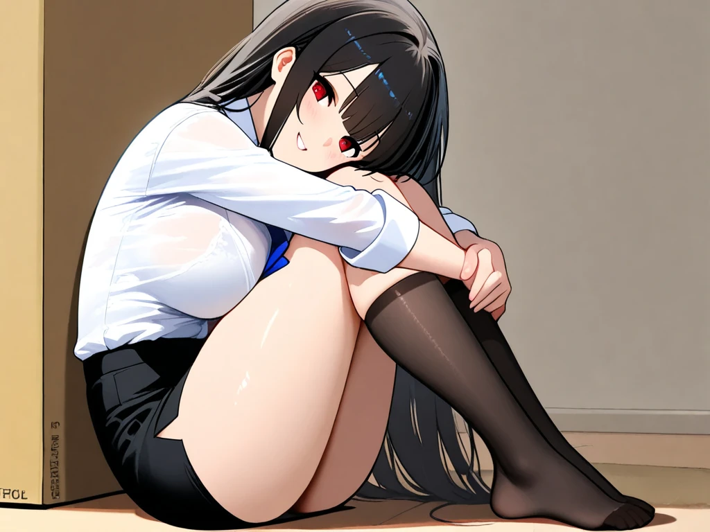 A 16-year-old female high school student with long black hair and wearing a school uniform squats down with tears in her eyes, opening her legs and showing her white panties.
