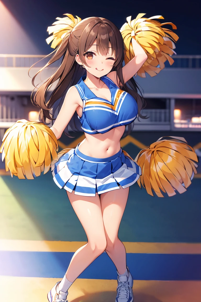 (solo:1.3), (1 skinny cheerleader rooting for viewer:1.2), (violently bouncing large breasts:1.2), cleavage, (dancing violently:1.2), shaking chest, open legs, BREAK, (short cheer uniform), sleeveless, bared stomach, (flapping too short skirt), show off thigh gap, long skinny legs, bared legs, skinny too narrow waist, very short torso, BREAK, nsfw, orgasm, heavy breathing, pussy juice, (coverd erectile nipples), (forced smile but feeling fear)