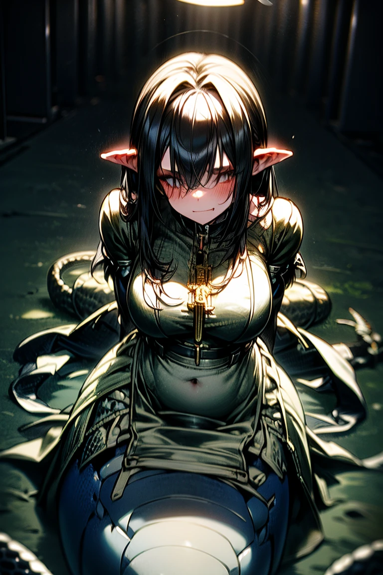 Fantasy, night, 4k, high detailed, Cinematic scene and lighting, a voluptuous succubus with horns and curvy body, crouching in a dark corner, she is chained with iron chains to the ground, bound, unable to move, heavy Iron chains, fearful look, angst, red eyes, from above