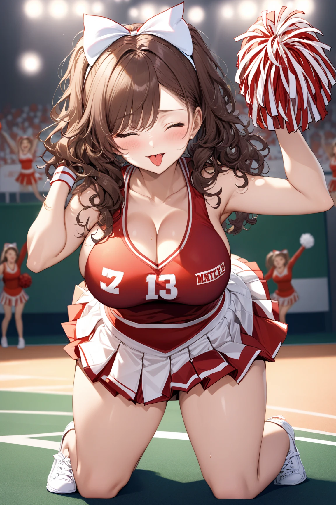 Pregnant goddess, cheerleader, red skirt, wavy light brown hair, wants to have sex with you, cleavage, beautiful, fishnet top and leggings, cheerleader outfit 