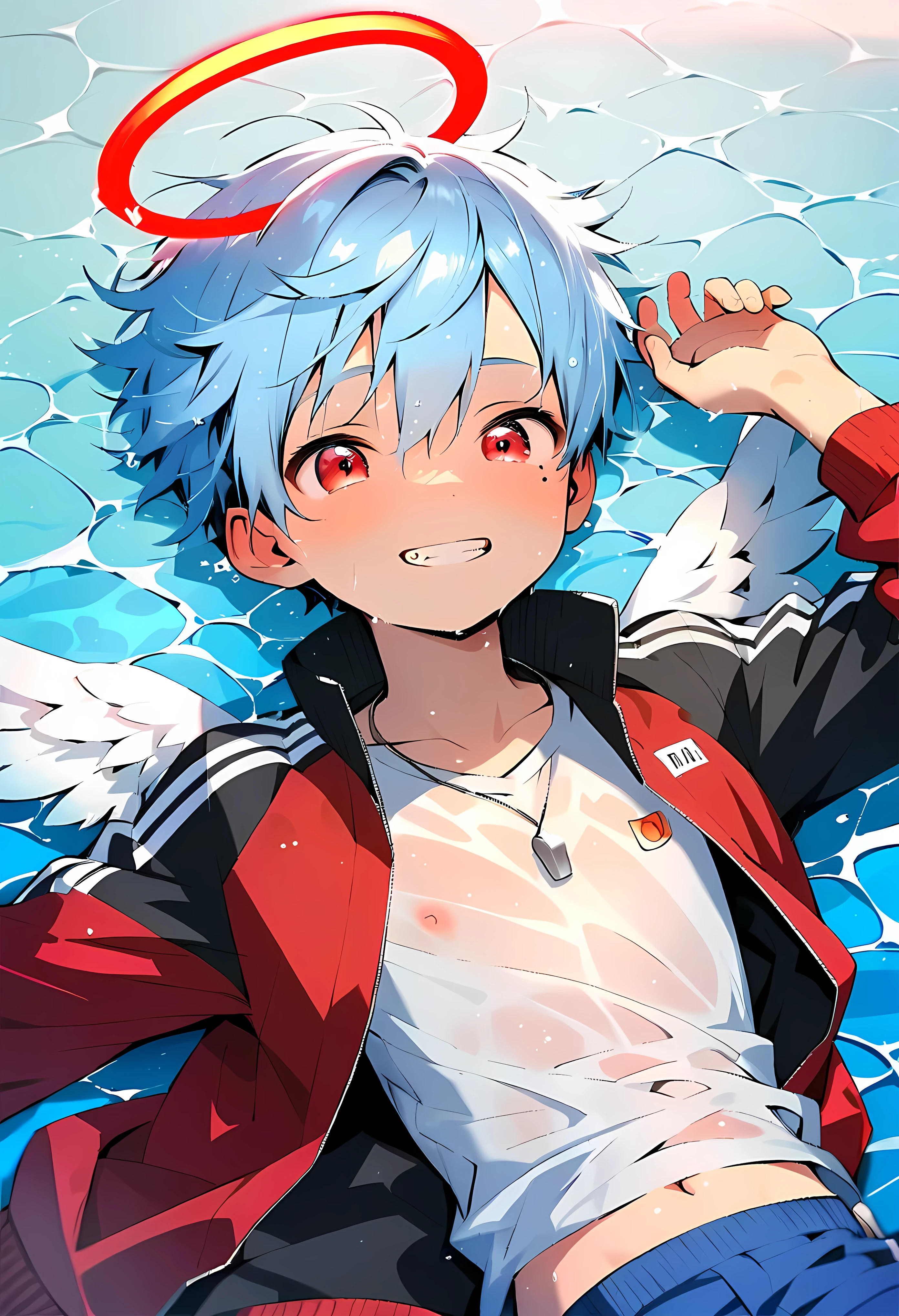 (score_9, score_8_up), (ultra detailed), (8k), (cute face), (detailed eyes:1.3), (shiny eyes), (masterpiece eyes), (1 boy:1.3), (shota:1.5), (lying on back:1.4), (lying on sea), (spread arms:1.2), BREAK (red baggy tracksuit:1.3), BREAK (tight blue jeans:1.2), (shining halo:1.2), (angel wings on back:1.2), (grin:1.2), (light smile), (short hair), BREAK (light blue hair), (wine red eyes:1.2), (black irises), (eyes with highlight:1.2),  fang, mole under eye, BREAK (on sea:1.3), (water splash), (wet hair), (wet clotes:1.3), (see through wet inner:1.2), (wind blowing), (cinematic lighting), (silver necklace), nipple, collarbone, 
