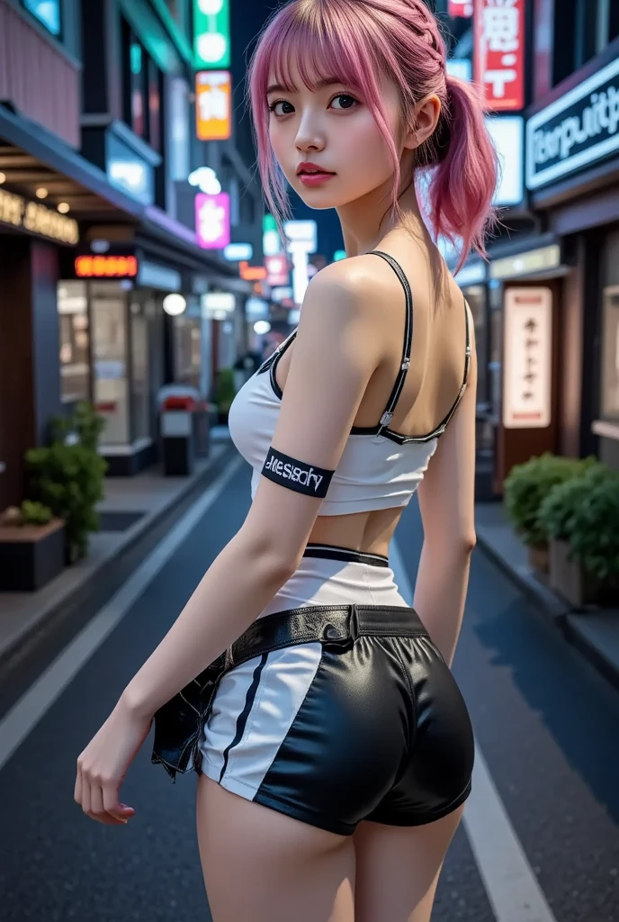 ((8k resolution, ultra HD realistic, detailed, korean girl beautiful cute, black bra, black panties, stockings, home, window night city, big ass, big tits, night vibe, neon effect, night effect, hairstyle ponytail, showing ass, realisian, pink ponytail, pink effect, cyberpunk, cyberpunk clothes style, cyberpunk effect))
