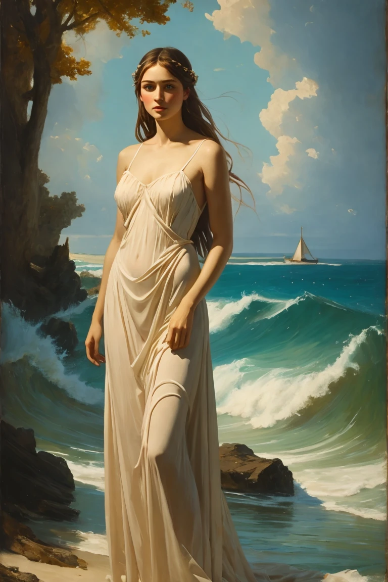 Create a masterpiece, award-winning classical painting of a beautiful goddess, draped in a flowing maiden robe, bounded by overwhelming chains to a rugged cliff overlooking a tumultuous, stormy sea. The scene is filled with drama and intensity, as dark, swirling clouds gather in the sky, and lightning streaks across the horizon. The goddess, despite her desperate predicament, still exudes an ethereal beauty and grace, her robe that also bound by chains, billowing in the fierce wind, and her expression a mix of serenity and quiet strength.

Her delicate wrists, ankles, bosom and bottom are bound by overwhelming heavy chains, which contrast sharply with the soft, flowing fabric of her robe. The stormy weather adds to the atmosphere of tension and power, with waves crashing against the rocks below, spraying mist into the air. The background is a dramatic landscape, where the wildness of nature meets the poised elegance of the divine, emphasizing the goddess's resilience and the epic scale of the scene.

The painting should evoke a sense of awe and reverence, blending the beauty of the goddess with the raw power of the storm, capturing a moment of both vulnerability and immense strength in a timeless, classical style.