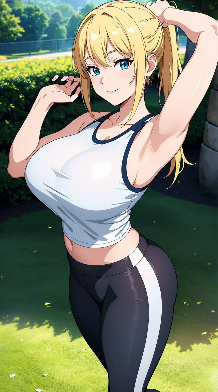 (best quality:1.5, highres, UHD, 4K, detailed lighting, shaders), blonde ponytail, busty, (pov, close shot), standing, sexy, erotic, lewd, seductive, cleavage, hard nipples, smiling, tank top, yoga pants, park background