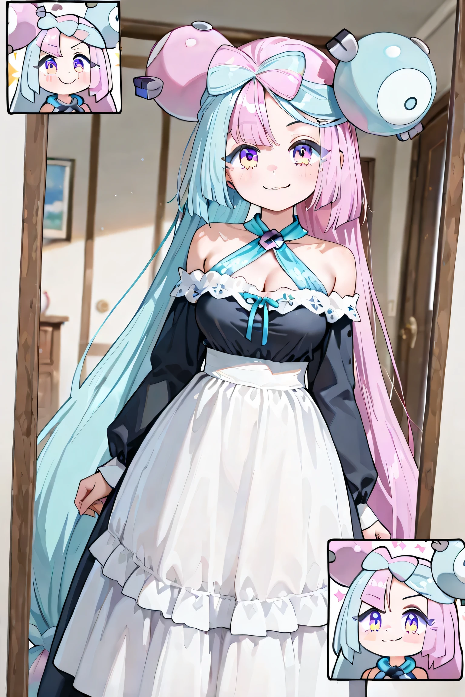 iono (Pokémon Scarlet and Violet), young girl (no hair ornament)(No neck ornament), ((((Just 1 Iono)))), Medium breasts, very long hair, twintails, bicolor hair, light blue and pink hair, two-toned eyes, pink and blue eyes, ((animated expression), cheerful smile, face scarf, maid uniform, long dress, exposed shoulders, very long sleeves , embroidered rays on the dress, extremely detailed clothes, inside the house, standing, poses polite, seen from the front, in front of the viewer, 4k, Best Quality, obra-prima.
