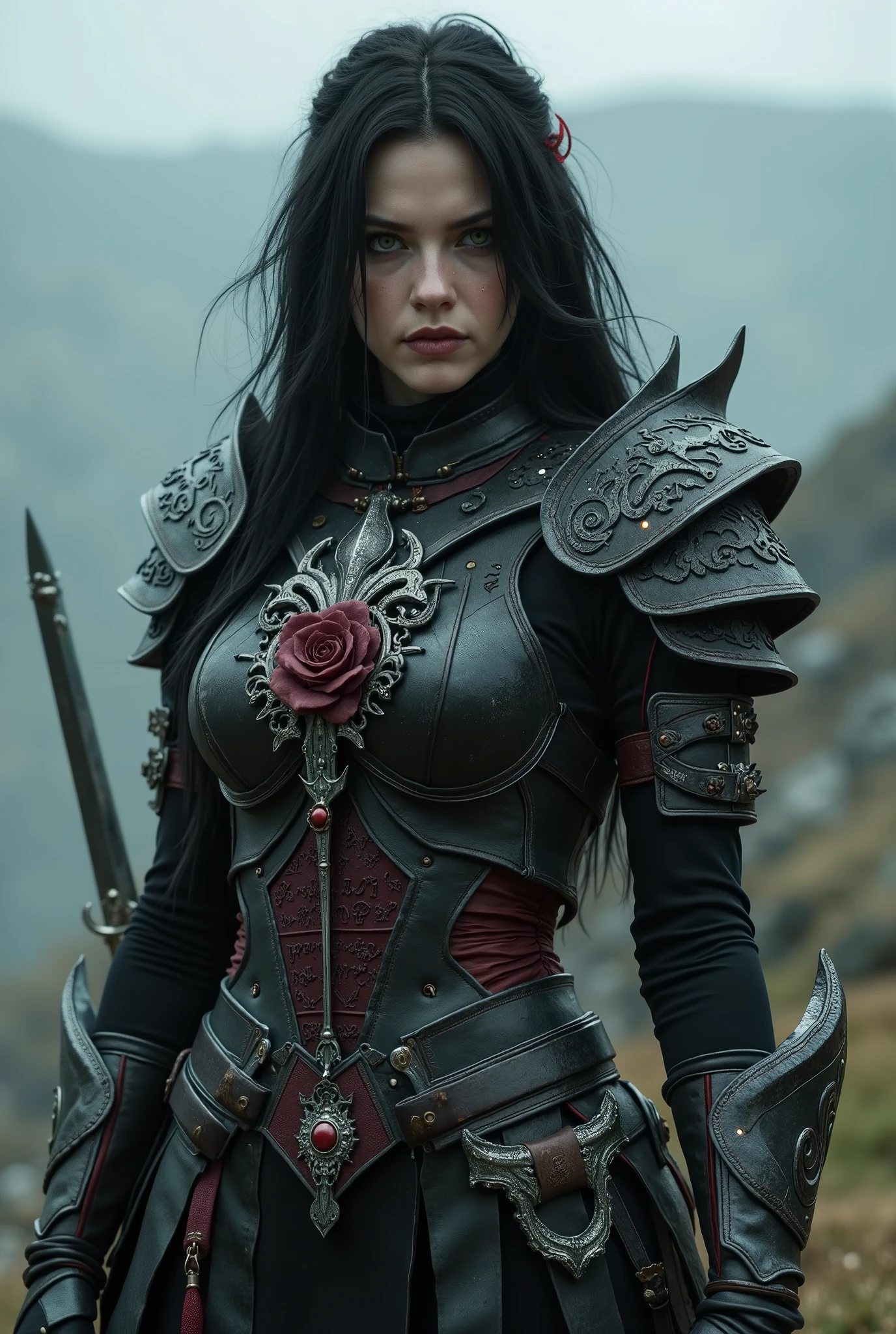Lory, in battle gear, is a vision as imposing as it is mesmerizing — a shadow warrior shrouded in mystery and lethality. Her black hair continues to fall in wild waves over the shoulders, partially attached by a black silver fastener carved with forgotten runes, allowing her face to be free, revealing her intense green eyes - like dark forests or red like living embers, depending on the moment . The sparkle in her eyes remains unshaken, now even more intense, as if each combat nourished its essence. She wears light armor, made of dark leather stiffened with black metal plates like obsidian. The shoulder pads are sharp, with silver details that resemble bat wings or thorns of poisonous roses. The armor molds to her slender body, designed to guarantee freedom of movement without sacrificing protection. Over the chest , the ancient symbol of a black rose entwined by snakes can be seen, embroidered with dark threads of cursed silver. Lory wears a short cover, of a thick fabric that seems to absorb light, attached by an onyx brooch in the shape of a waning moon. Tight gloves cover your hands up to the forearms, reinforced with dark leather and small decorative thorns, like claws in disguise. Suas botas, with a high top and a firm heel, is silent to the touch on the ground - perfect for a female hunter night. In your hand, Lory wields a sword with a long blade, forged in enchanted black metal, that emanates a subtle and threatening glow. The sword guard has the shape of open wings, and the fist is wrapped in dark red leather, stained by the weather and blood of former enemies. The blade itself seems to vibrate slightly when in combat, as she thirsts for more. Nessa forma, Lory from just an enigmatic vampire — she becomes the very incarnation of the silent war, an immortal warrior forged in the dark and molded to overcome with lethal grace. She's standing on a rock.