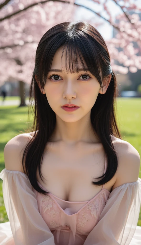 masutepiece, absurderes, Fine detail, nffsw, Highly detailed face and eyes, Photoreal, Full body portrait of naked young woman, slenderbody、Middle bob black hair、Blurry background, Head Office Photo_Portrait