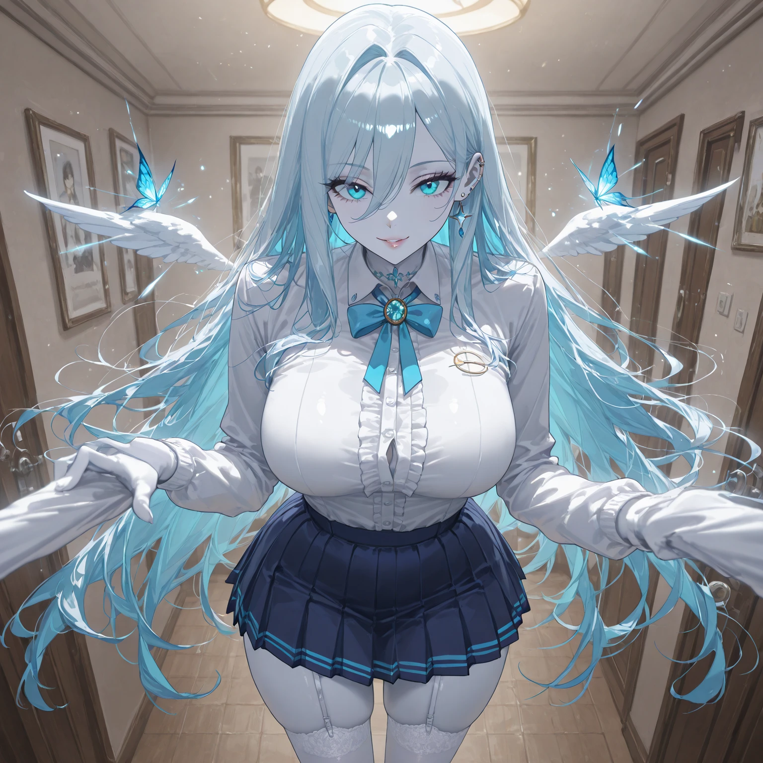 (((Itsuka Shido(date a live))),((gender bender,white hair,dark purple_eyes,cowboy shot,long straight hair)),((school uniform,gigantic breasts swelling,huge stature))