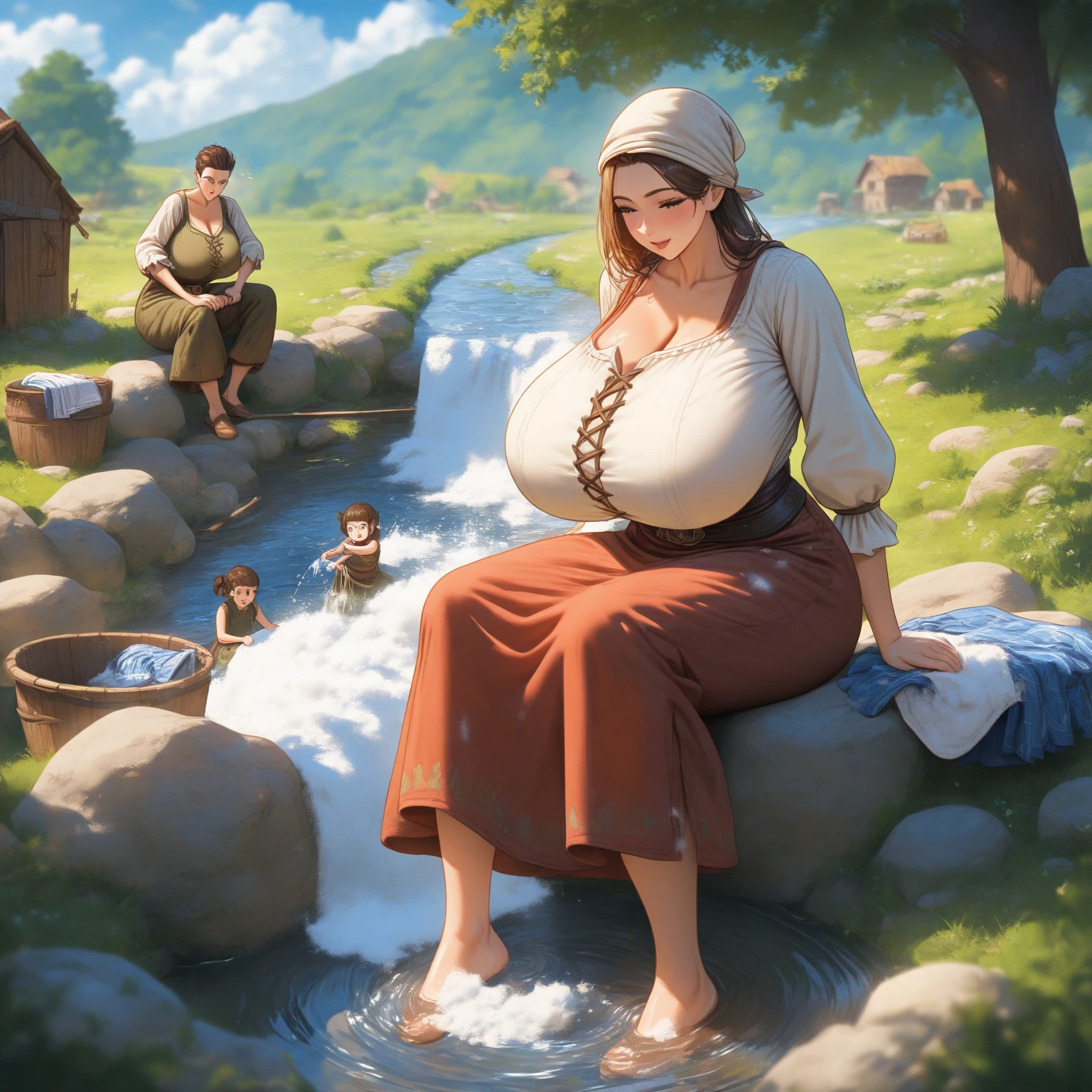 Malaysian woman (age 40, hijab no hair showing, cute face, strapless dress barely covering breasts, enormous breasts, a little fat, giga breasts), embarrassed, in a large stream, fishing using a basket when dress came lose and fish thrashing in basket, show all of her
