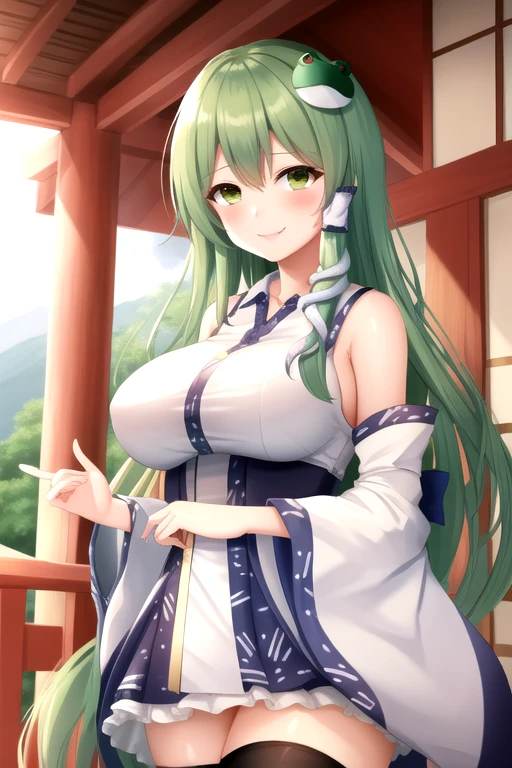1girl, kochiya sanae, touhou //// masterpiece, best quality, very aesthetic, absurdres, newest, rating:nsfw ///// by nyantcha, cutesexyrobutts,by khyle ///// ///// green hair, green hair, hair ornament, shrine