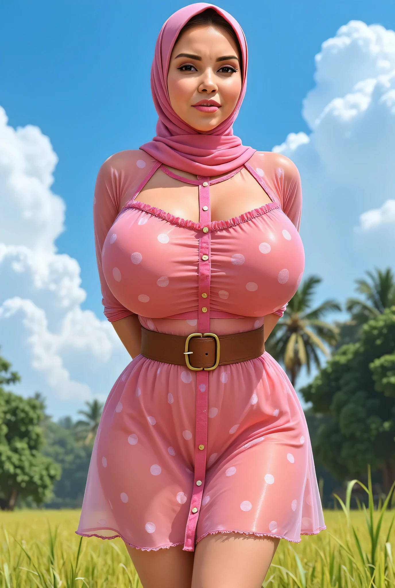 Spread legs and Large sagging breasts, (Shiny Breasts:5.24), (plump plump) hijab hijab hijab hijab, (Photorealistic:1.6) Indonesian hijab dry aunty wear bra and (Small tiny short skirt),  background rice paddy. daytime atmosphere, don't put any rope! hands behind back while legs astride,  Look from the front you are stupid!, wearing Detailed Fully periwinkle POLKADOT print (translucent) ruffle tight dress bootcut , (Wearing a leather belt with a copper buckle) (rolling eyes:2), (puffed cheeks:2), awan & langit kebiru biaruan. 38g, Masterpiece, High Quality, Realistic Drawing, 2D Comic Style, Ghibli-like Colors, Chalk/Crayon Colors, Cel-Shading, Halftone dots Technique, Realistic Comic Painting, front side viewer and wearing highheels female boots & (Wearing a very short only seven centimeters skirt)