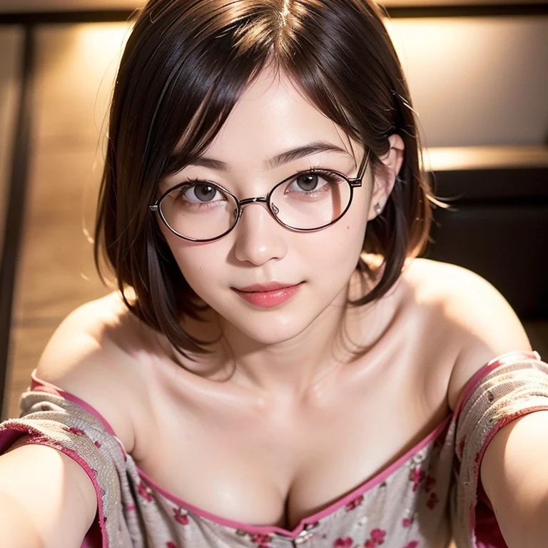 One woman, Japan people in their 20s, symmetrical beauty, Small face, sharp outline, A dark-haired, (Shoulder length short bob hair, Curly hair, The hair near the shoulders should have strong waves.), With bangs, (thick eyebrow, Thick eyebrows), realisticeyes, 二重まぶた, drooing eyes, Thicker lips, closes mouth, A slight smil, Smiling smile, (Rimless glasses, Small glasses, glasses for women), Wheat-toned skin, realistic skin textures, H Cup, a little fat, directly in front of the camera, looking directly at the viewer, Looking at the camera, The light source is from the front.