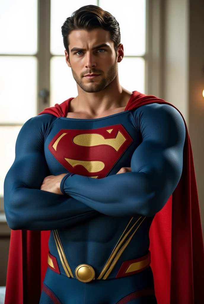1 homem como super-homem, Tatuagem do Superman, Olhos bonitos e detalhes do rosto, not shirt, Nice body and defined muscles, best quality, blonde hair, olhos azuis, corpo tonificado, (modelo masculino) pele quente, piece of master, Melhores qualidades, Homem mais velho homem bonito no mundo, Superman symbol,