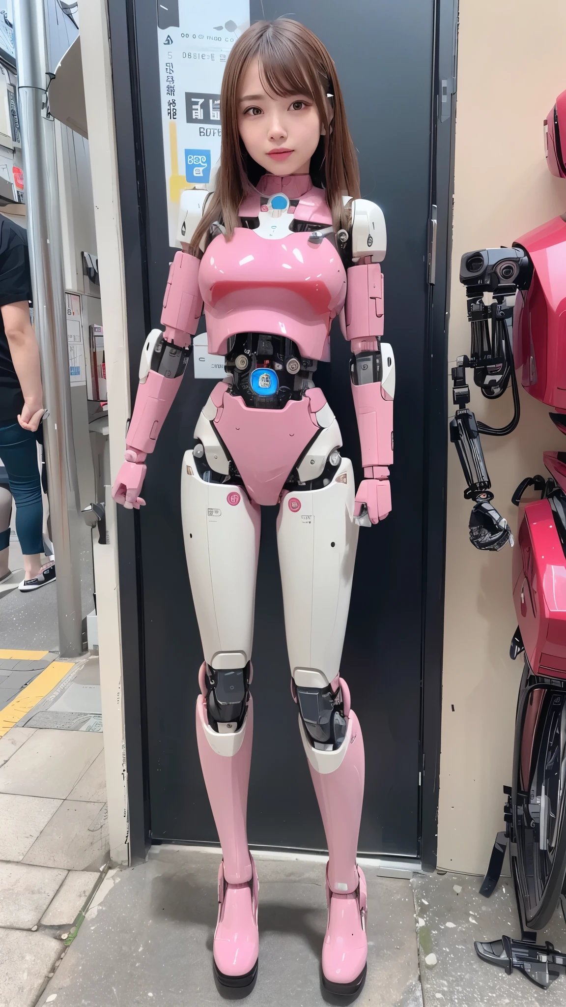 cyborgs, Pink, Silver, metalic, Robot Parts, Metal Parts, Super Detailed Face, Super Cropped Face, of the highest quality, a small face, Full body, Standing, Black hair, Thin, Camera gaze, Internal Mechanical Exposure, Idol, Live action,, 9 head body, gravure, Photo session, akihabara, Moe Pose, Frontal, Model body type, sad, Embarrassing,(Perfect Robot Girl),(Perfect machine body)