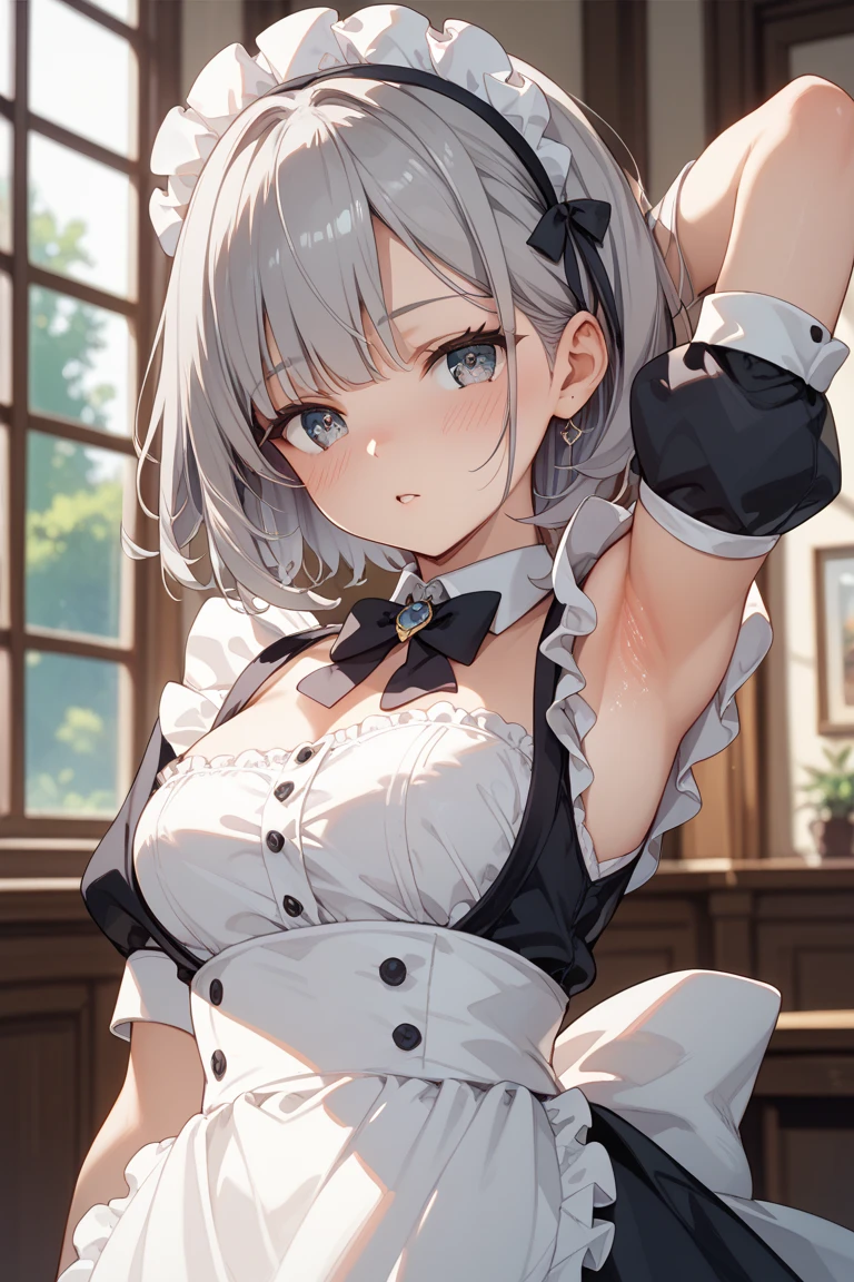 1 Girl, Lori,White hair,Side ponytail, Wearing maid outfit,Short skirt,Low-cut,No underwear,Strapless,long legs, at home,high resolution, High Detail, HD model, high quality, Ultra HD, Big breasts(d), Cat ear,