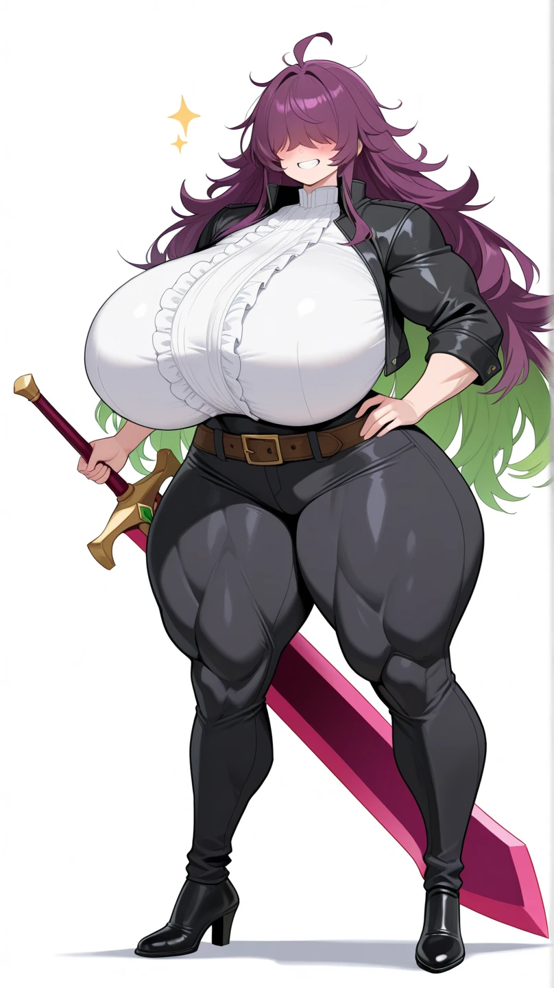 a fat woman, long yellow and green eyes, metal armor, sword on back, bbw, fat, overweight, fantasy, epic, dramatic, warrior