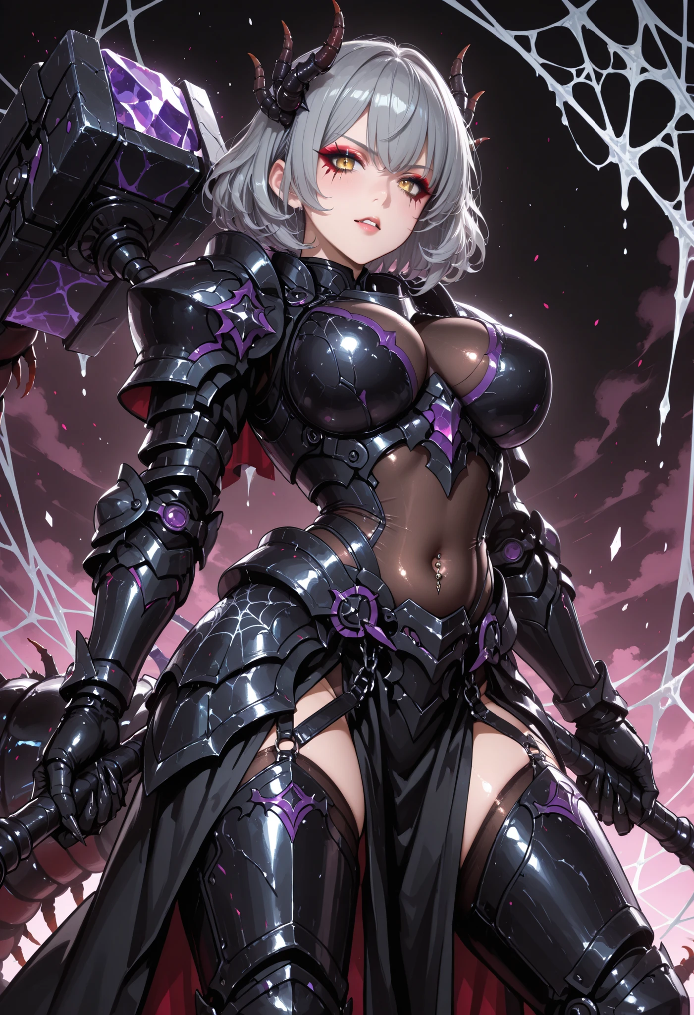 A Light armor woman. Grey hair. Short bob hair. Wavy hair. Spiky hair accessory. Yellow eyes. Spider web eyeshadow. Black armor. Spiky. Scorpion motif armor. Large breasts. Belly button. Holding a weapon. Large hammer. Weapon hammer. Sharp claws. Armored arms. Asymmetrical hands. Carrying a large centipede. Black centipede monster. Chains. Crystal decorations.