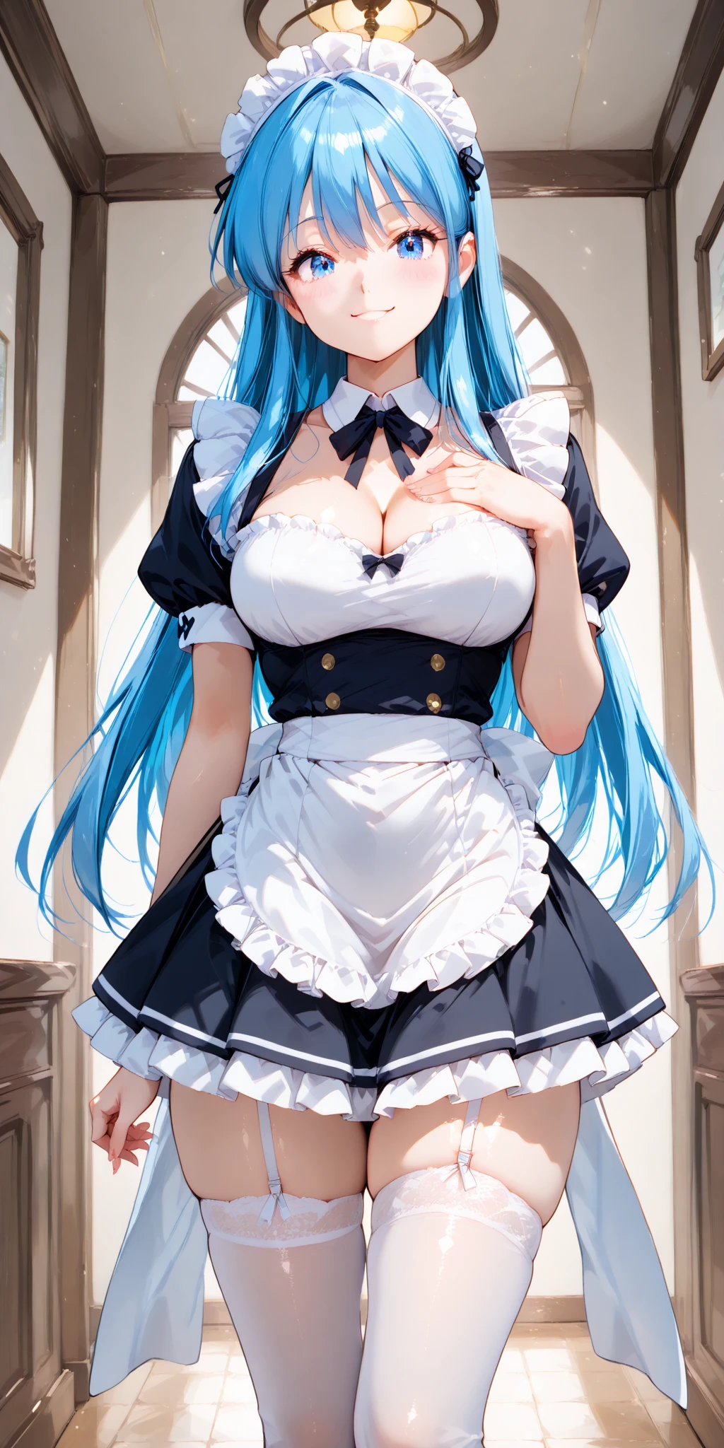 8k, (best quality, masterpiece:1.7), full body, (large breasts:1.2), very long hair, white thighhighs, high heels, (maid dress:1.4), corset, garter belts, blue hair, tall girl,