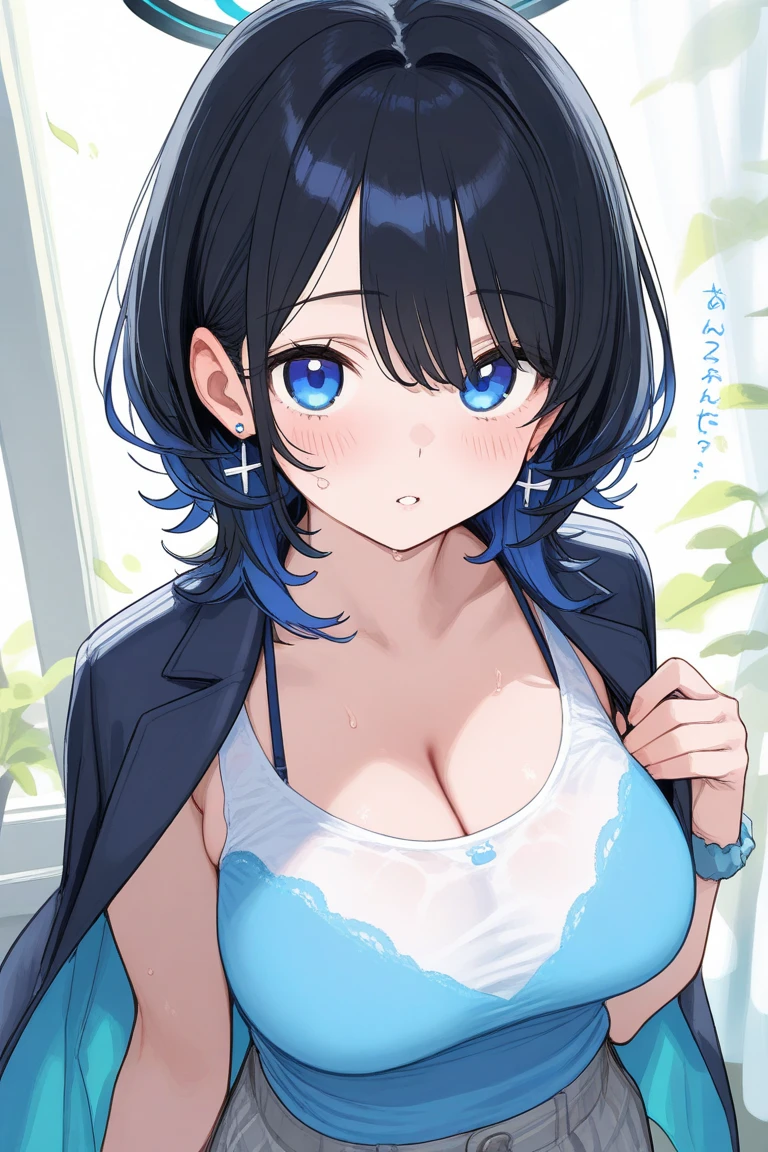 Junior high school student who looks like an elementary school student, 14 years old, very short, 140 cm tall, black hair with a slight green tinge, short ahoge, beautiful long hair but with a little hair sticking out, beautiful round eyes, blue eyes, smile, boyish, long sleeves, Thick clothes, skirt, big breasts, hair longer than waist, long hair, childish face, gentle smile, a little shy, black skirt, black hair with a slight green tinge, boyish, gentle smile, jacket one size larger, ( Deep greenish black hair: 1.3)，her bra is visible