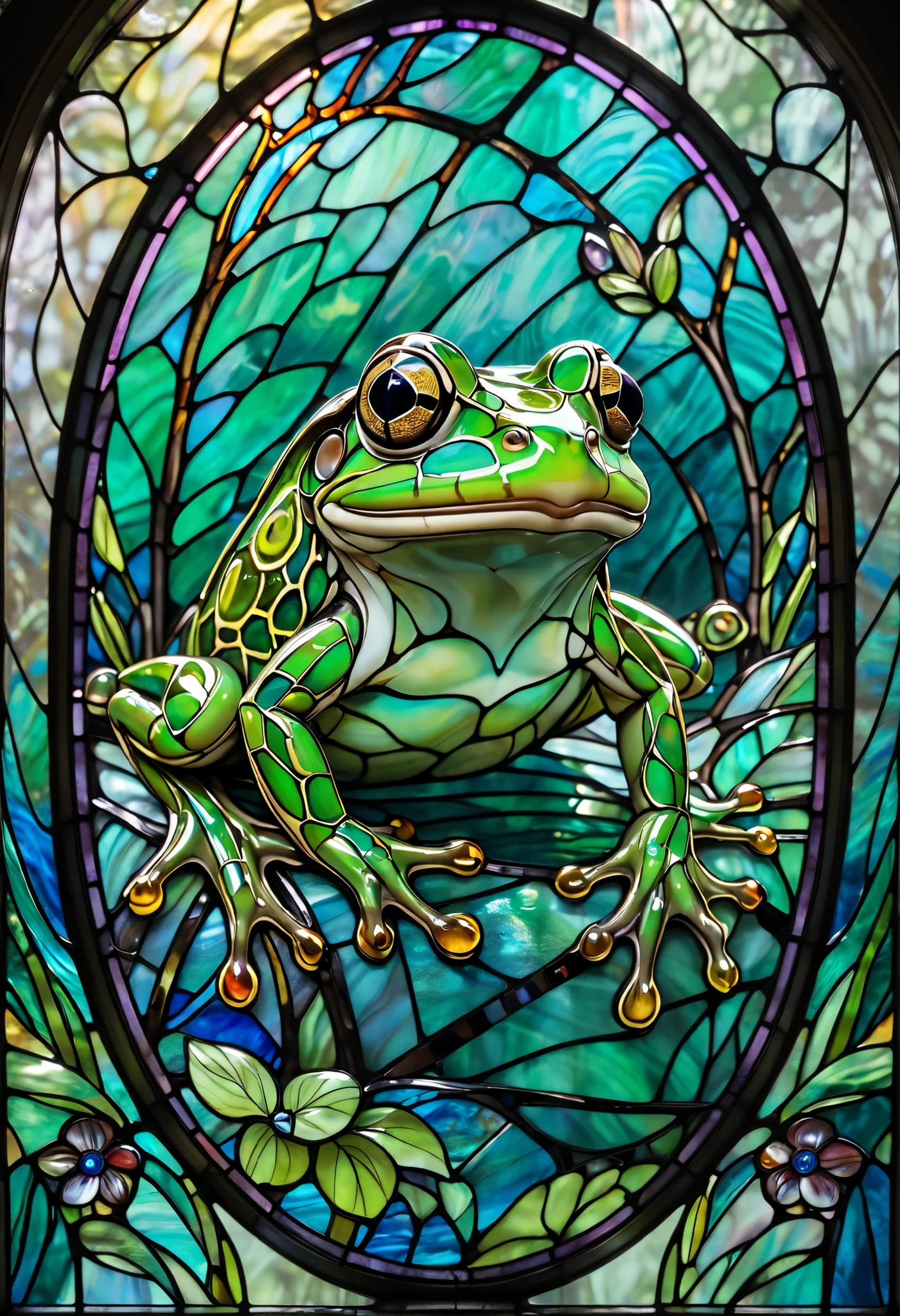 a close up of a stained glass window with a frog on it, stained glass art, stained glass style, stained glass, maxim verehin stained glass, stained glass, frog, stained glass!!, psychedelic frog, frog themed, stained glass window, green stained glass, Highly Detailed Toad , inspired by Pascal Blanchet, froggy, frog perspective
