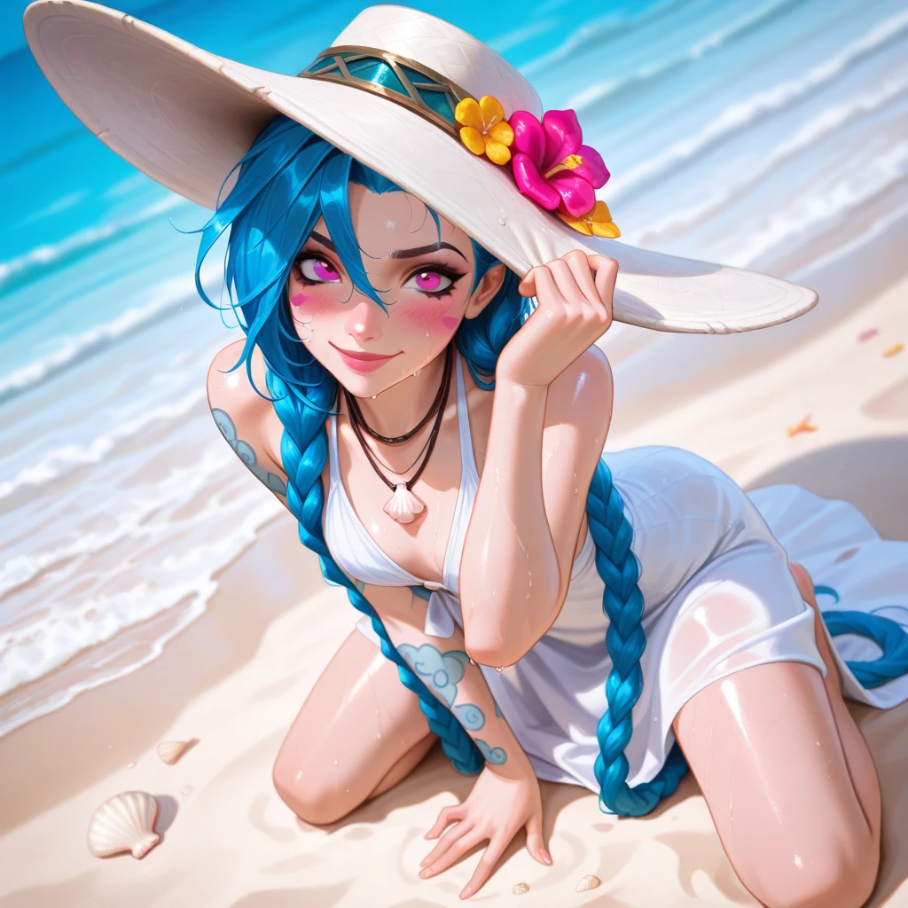 grainy,extremely detailed, natural lighting,   smiling menacingly, kodachrome, masterpiece,iechan running on beach, sand flying,, detailed sunglasses, <lora:iechan:1>,long hair, blue hair, hair ornament, hairpin, large breasts, bare shoulders, blue eyes, white gloves, elbow gloves, side ponytail, white thighhighs, blue dress, pleated skirt, leotard
