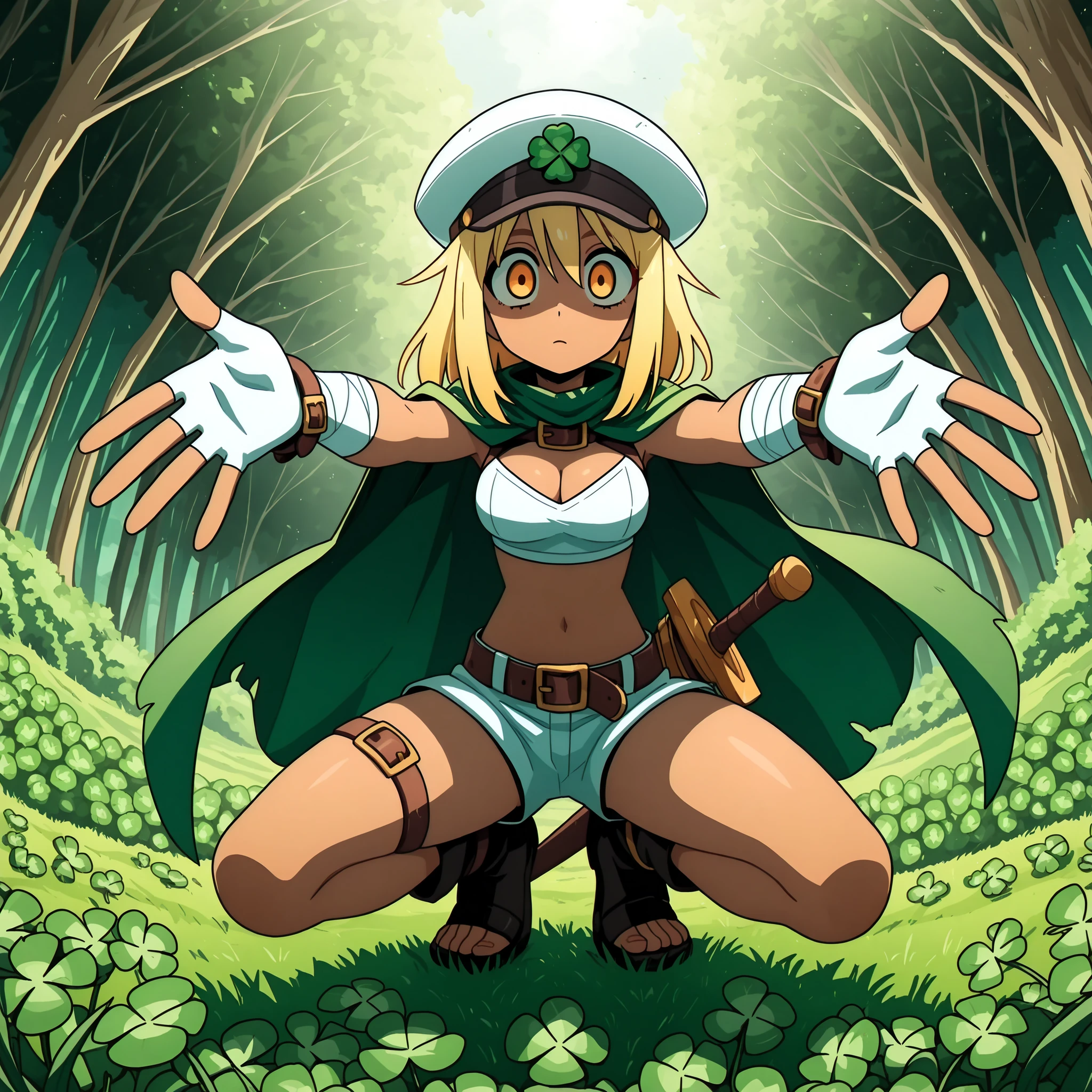 masterpiece, best quality, amazing quality, Anime Screencap. BREAK. 1girl, dark skin, dark-skinned female, blonde hair, four-leaf clover, short shorts, white shorts, white gloves, fingerless gloves, bandaged arm, thigh strap, belt, white headwear, hat, cape, sword, weapon, navel, midriff, medium breasts, orange eyes, yellow eyes, reaching out, hand extended, crouching, low angle, cleavage, upskirt, confident expression, grassy field, outdoor, lush greenery, dynamic composition, natural lighting, soft shadows