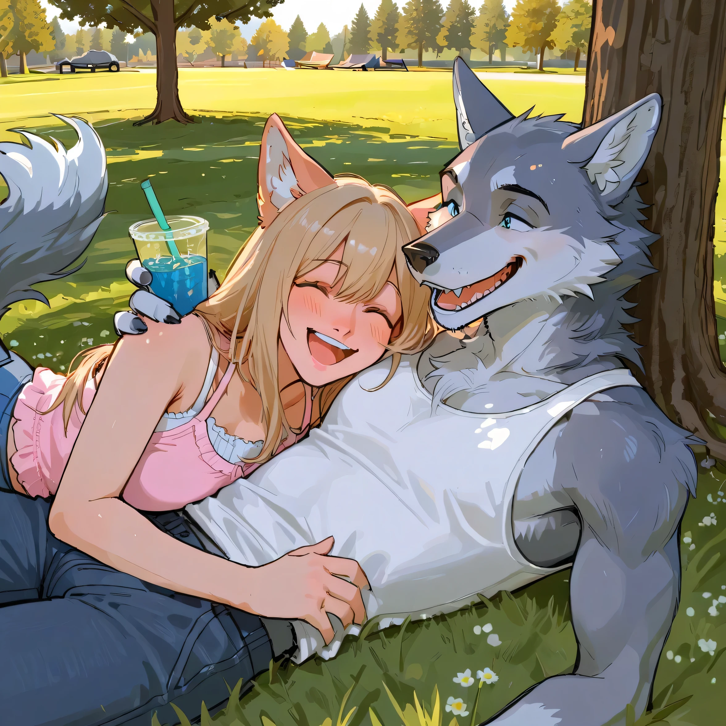 Masterpiece, best quality,a masculine gay wolf furry couple having spring picnic at park, wearing cute soft tanktop. drinking mohito, smiling and chatting lovely. looking at eachother on grass, laughing cuddling under shadow of a tree
GAYYYYY