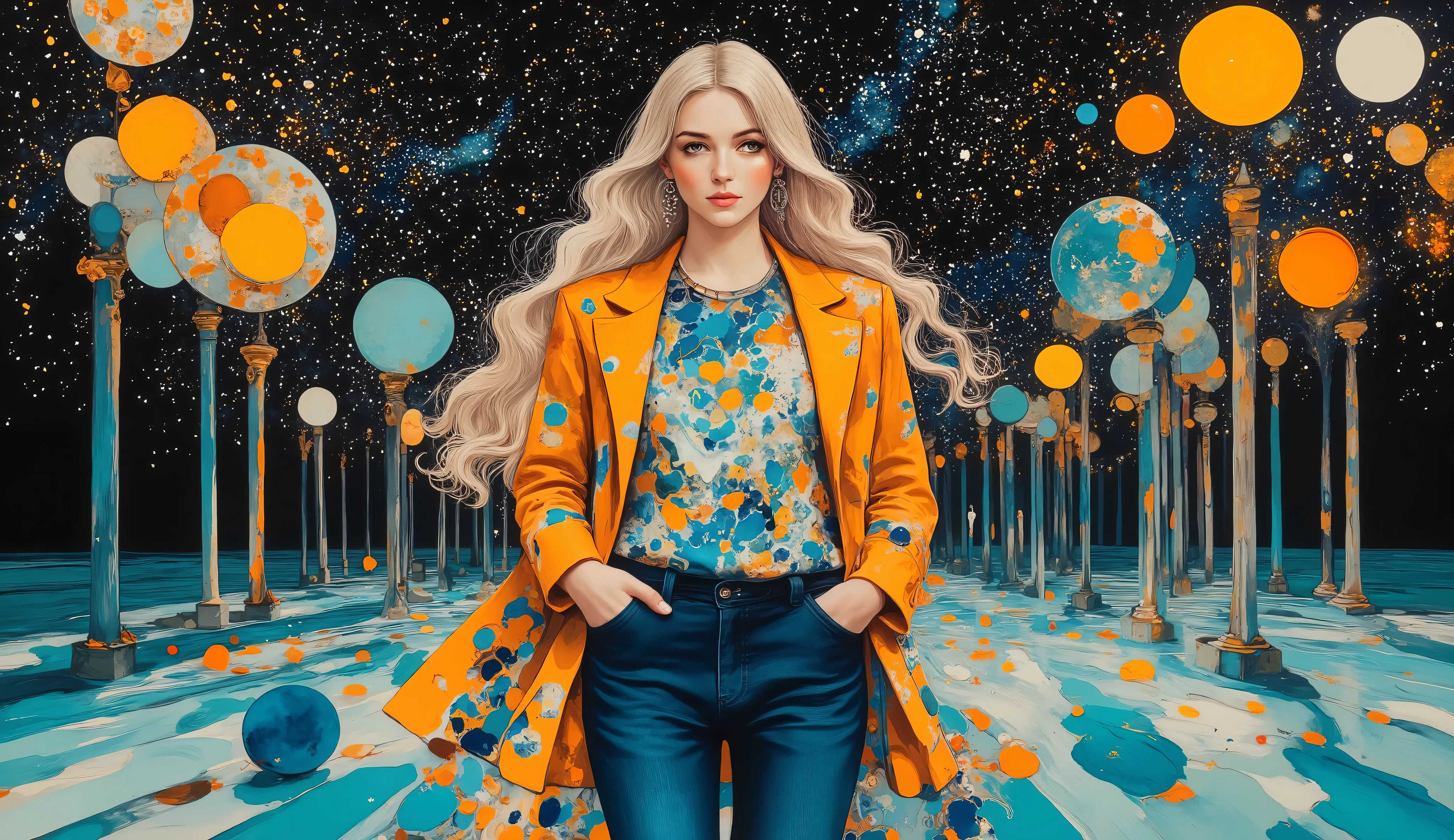 surreal fantasy, acrylic, Linda garota com cabelo longo e ondulado, jeans, t-shirt and a lightjacket, street wear cloths, walking in the park with a cat on lap, palette of color Lapis Lazuli, Oxford Blue, Turquoise, Raw Sienna, Brown (Crayola), ethereal mood, night, starry night.. acrylic, fashion illustration.