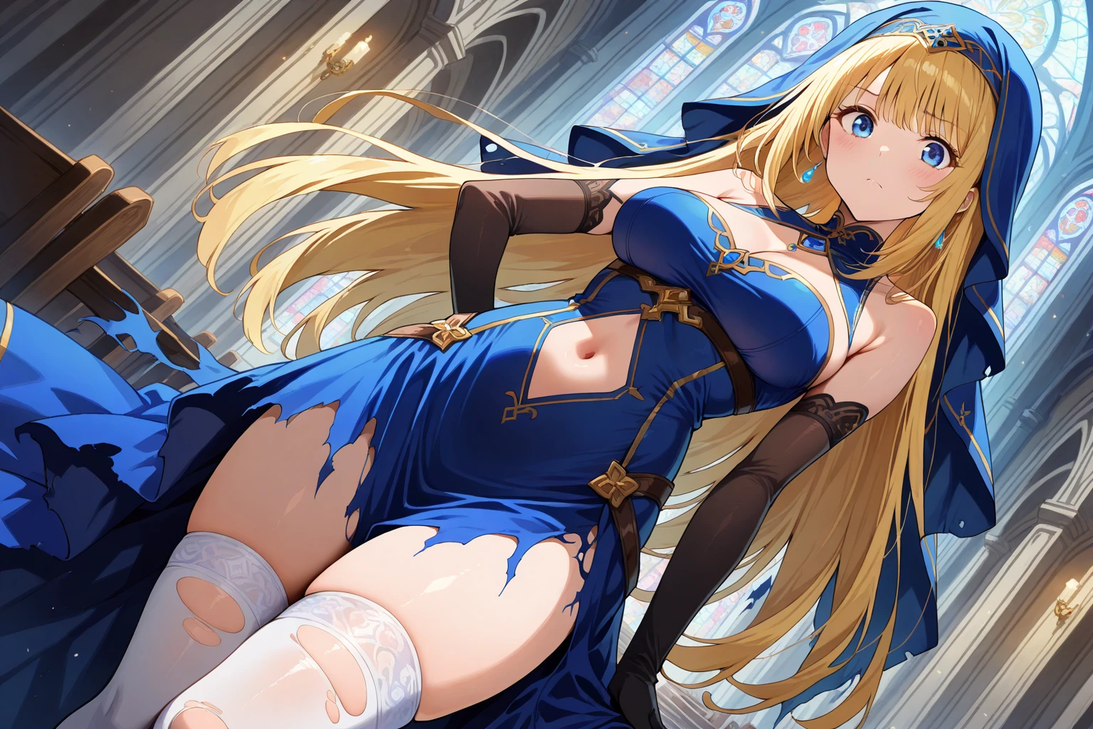 Beautiful woman with long golden hair and blue eyes。In a gorgeous, gorgeous blue low-cut robe、A blue hooded cloak covers the head。Slender and tall、Voluptuous bust。Women should cover their hands with long sleeves、Leaning forward in prayer position。Women at night、Praying in a dark and mysterious room。