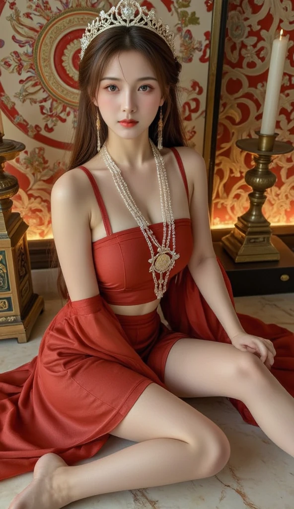(realistic:1.3), Crazy details, quality, (Masterpiece:1.2), (ภาพrealistic:1.2), (qualityที่ดีที่สุด), (ผิวbeautiful:1.3), (There are complicated details...), Ray tracing, ((Full body)), ((ผู้หญิง 1 person)), (((1 person))), 18-20 years old, ((stand)), ((big breasts:1.4)), ((gigantic bust:1.4)), ((มีbig breastsมาก:1.4)), ((curve:1.6)), big breasts!!, beautiful, ((long straight hair, let your hair grow long)), ((Two meter long hair)), ((Extra long hair)), ((let your hair grow long)), ((long straight hair)), ((Breast cleavage)), ((big breastsมหึมา)), ((เต้าbig tits:1.3)), ((หน้าอกbeautiful)), ((เสริมbig breasts)), ((full chest)), ((big breastsโต)), ((big tits)), ((big breasts)), ((small waist)), ((Thin waist)), ((hips raised)), ((small thighs)), (( Long legs, ต้นขาbeautiful, Thin)), smile, ((ผ้าปิดหน้าอกred)), เสื้อคลุมred, กระโปรงลายred., Contrasting colors with dresses and skirts..., ((Thai women'sash, red, open shoulder)), Leotard, ((โชว์Long legsbeautiful)), skirt pattern, earring, necklace, Javanese jewelry, Long legs, white skin, charming, ((dynamic gesture)), (blurred background),