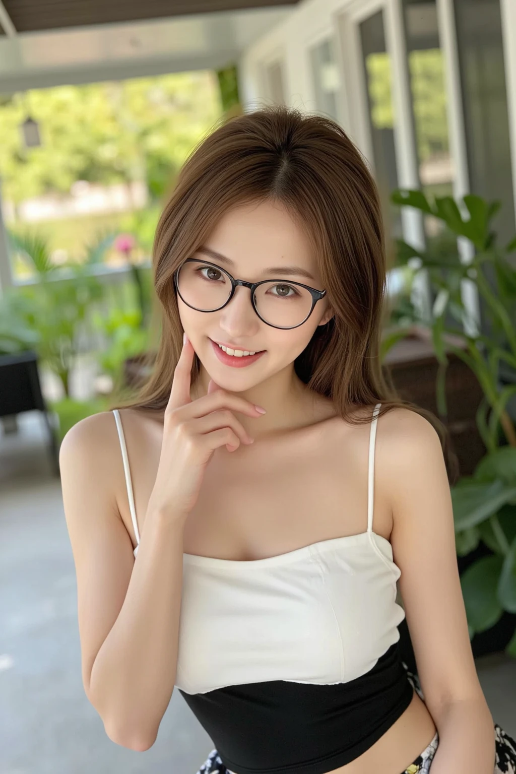 ((Highest quality, 8k, masterpiece: 1.3)), Upper Body (1.3), Huge (5), Excellent style, Gentle features, Parallel eyebrows, smile, Natural Makeup, Fresh, Under the sunlight of the city、Eat lunch at a café、Completely naked、nude,Wear glasses