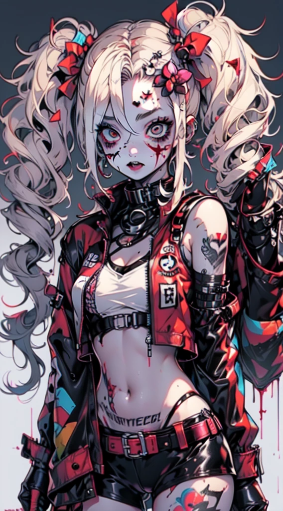 cyberpunk_(series) cyberpunk_edgerunners rebecca_(cyberpunk) highres spoilers 1girl artificial_eye black_jacket blood blood_from_eyes blood_from_mouth colored_sclera colored_skin corpse death flower flower_over_eye green_hair ((guro)) jacket mechanical_eye neck_tattoo open_clothes open_jacket petals pink_tattoo red_eyes red_sclera signature solo stomach_tattoo symbol_in_eye tattoo twintails twitter_username white_skin yellow_eyes