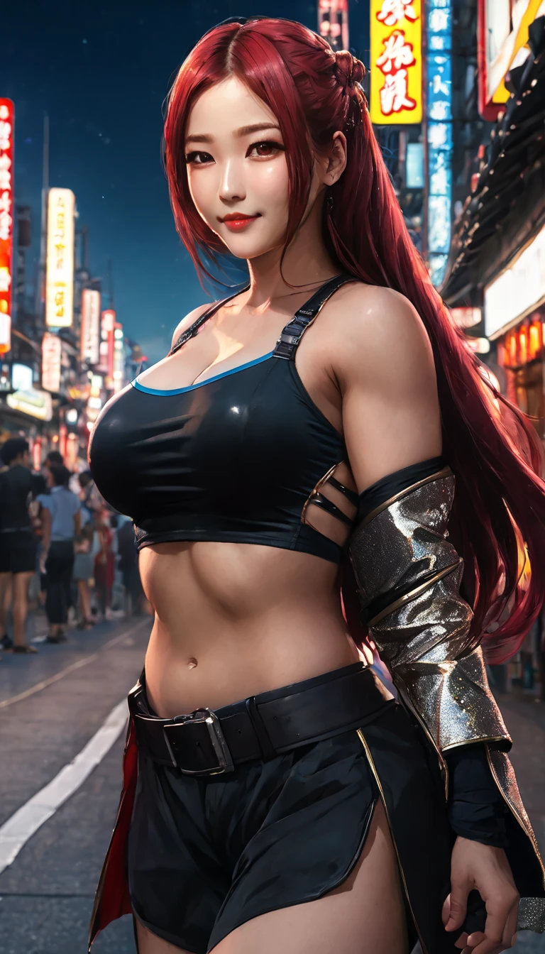 full body, ultrarealistic, a beautiful redhead woman with large breasts wearing a black costume in the style of Mai Shiranui, extremely detailed face and body, beautiful eyes, lips and eyelashes, hyper realistic, 8k, photorealistic, high quality, sharp focus, studio lighting, physically-based rendering, vivid colors, dynamic pose, dramatic lighting, sensual, alluring, erotic, cherry trees background