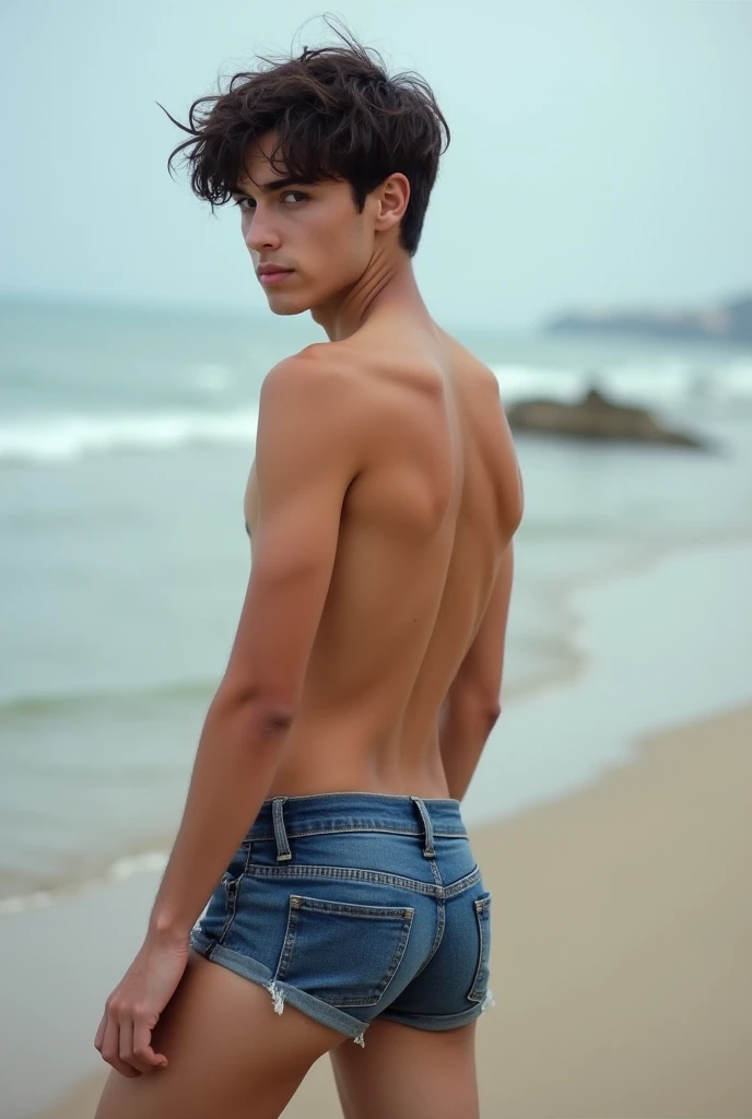 (full-length photo) (man 22 years old) ( he is standing on the beach) ( in the background are mountains) ( the man has brown hair, oval face stretched upwards, hairstyle - undercut, hair length - 8 cm) (taken on an iPhone 15 pro) (the man is wearing jean shorts, bare torso, athletic belly) (perfect lighting)
