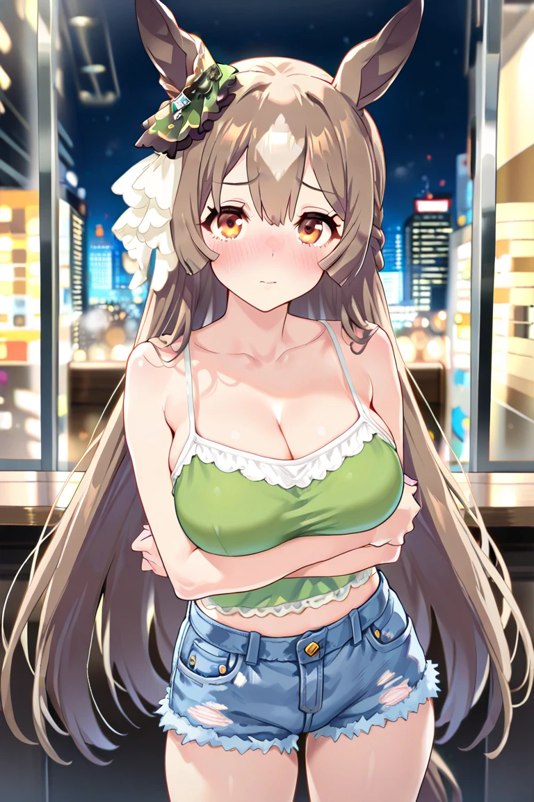 nozomitoujou, Nozomi-san is always, Green Eyes, Brown Hair, Curly Hair, Large Breasts, masterpiece, Highest quality, High resolution, Beautiful attention to detail, Highly detailed face, Good lighting, Detailed CG, Messy Hair, Glossy Lips, Worried, City Street,  long hair、Completely naked、Nipples