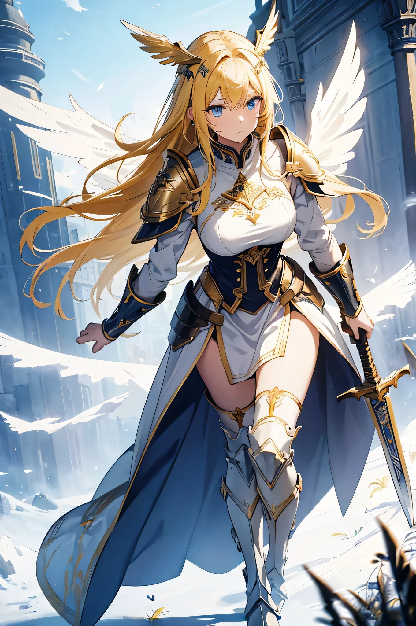 4K,High resolution,One Woman,centaur,Blonde,long hair,Blue Eyes,Brown fur,Valkyrie,White sacred armor,Full Armor,White gloves,Winged headgear,Jewelry decoration,Holy Sword,Temple in the Sky