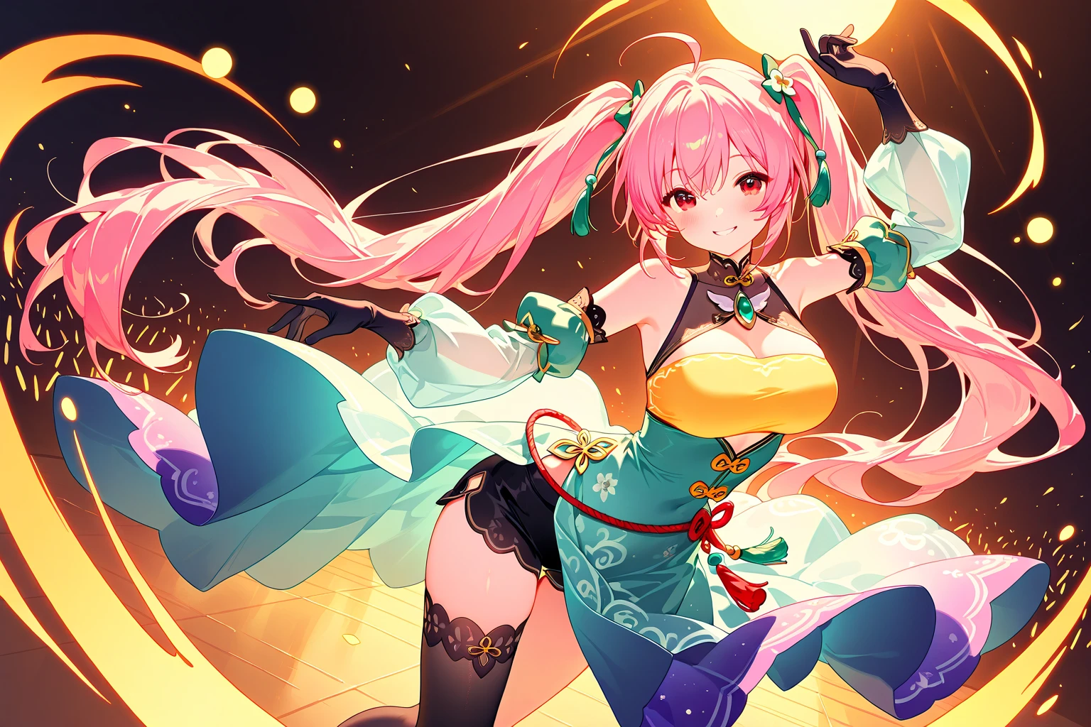 4K,High resolution,one woman,pink hair,long ponytail,yellow eyes,big breasts,ancient chinese princess,white cheongsam,side boob,princess tiara,ancient chinese royal family