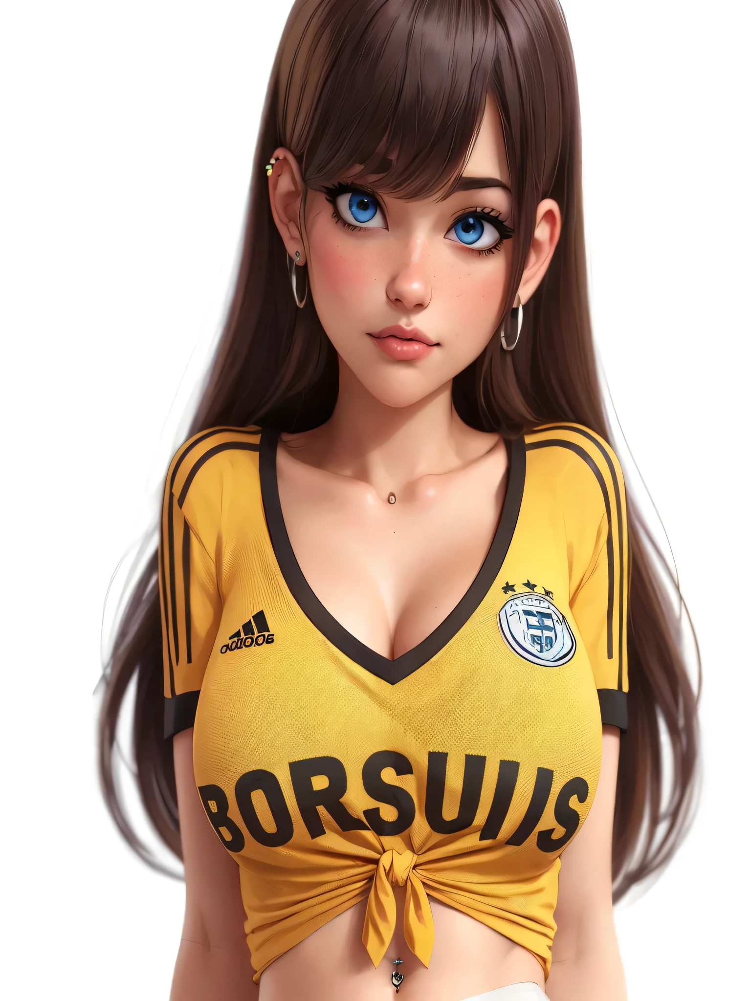 girl with short blonde Pixie hair, blue eyes, juice lips,wearing a Manchester city shirt,shirt tied at the bottom showing the belly,belly button piercing, and black leggings, bust, sitting, full body