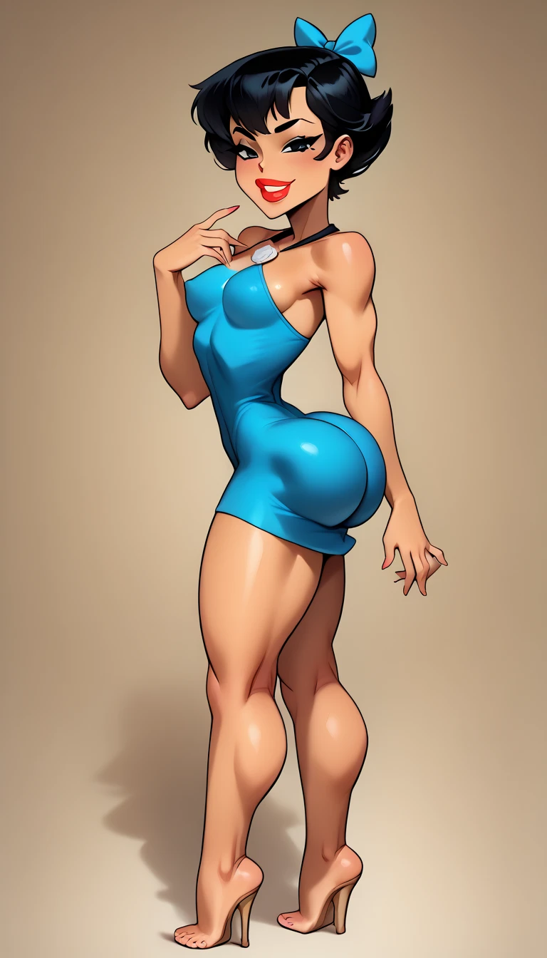 femaleranma, ((braided ponytail)), ((fully blue bikini beautiful girl)), (white ultra high heels), bare arms, bare shoulders, bare legs, skin texture, (gigantic breasts:1.6), (puffy lips:1.6), (bubble butt:1.6), bulbs, detail face, ((character sheet)), ((multiple side view)), plain background, ((cowboy view)), micro bikini, flirty poses