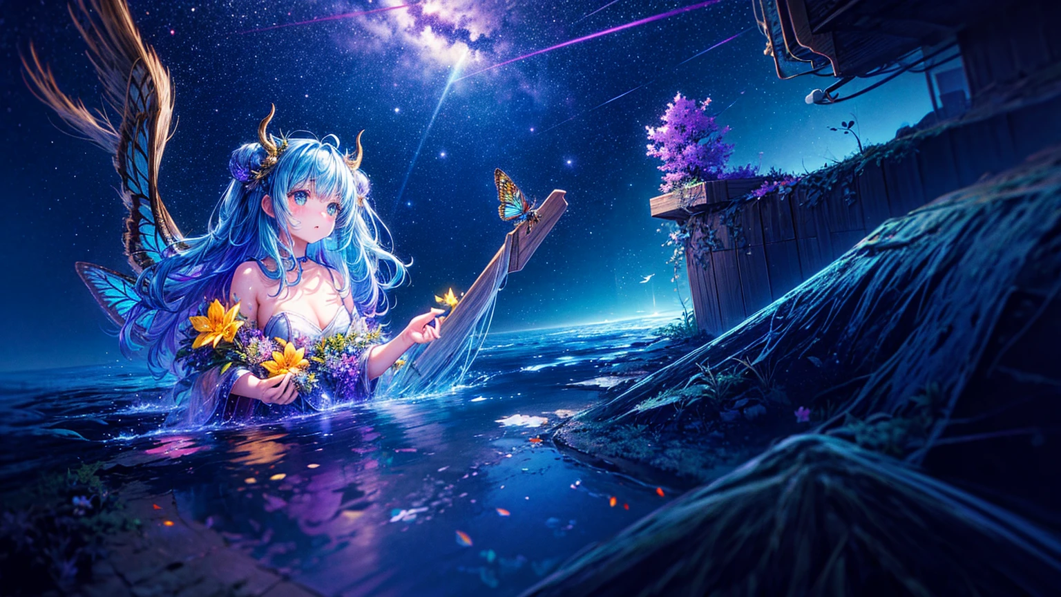 (extremely detailed, best quality, masterpiece) A girl sitting on top of a sea turtle, laughing joyously, wearing an ultra-stylish seapunk outfit. As the gentle rain falls on a dark beach at night, the turtle shell serves as her perch. Within the ultra wide-angle view, there is an arctic background that is visible, with a stunning waterfall acting as a backdrop. Dreamy, warm lighting adds a beautiful glow to the scene.