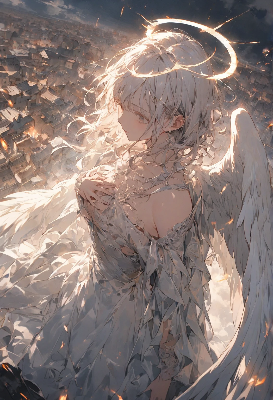 top-quality、delicate detail、high-level image quality、The back of a fallen angel、Feather plucked wounds、scarred、