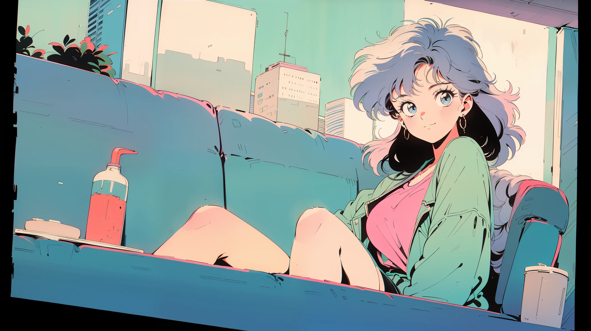 1 female、night、room、Sitting on the bed、lingerie、smile、White Hair